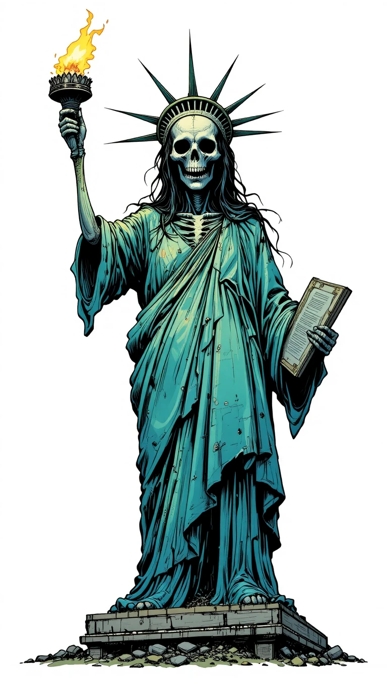 Skeletal liberty figure holding a blazing torch