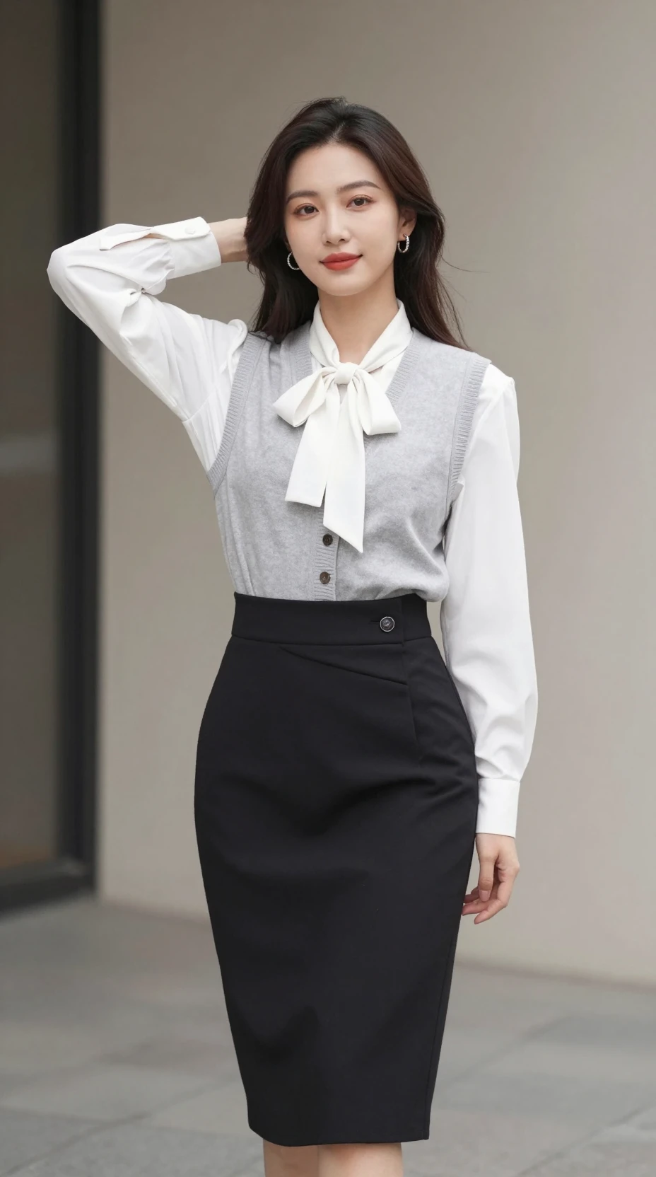 랩 스커트를 매치한 레이어드 프레피 룩의 세련된 여성