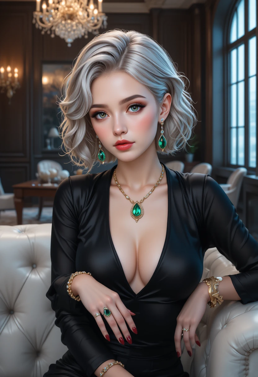 Donna elegante con gioielli di smeraldo in un ambiente in penombra