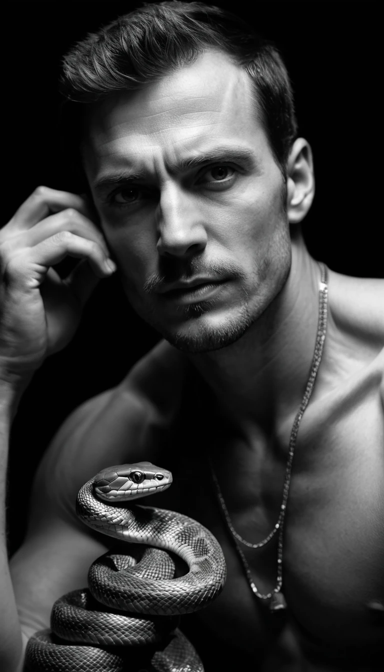 Retrato en blanco y negro de hombre con serpiente y frasco de perfume