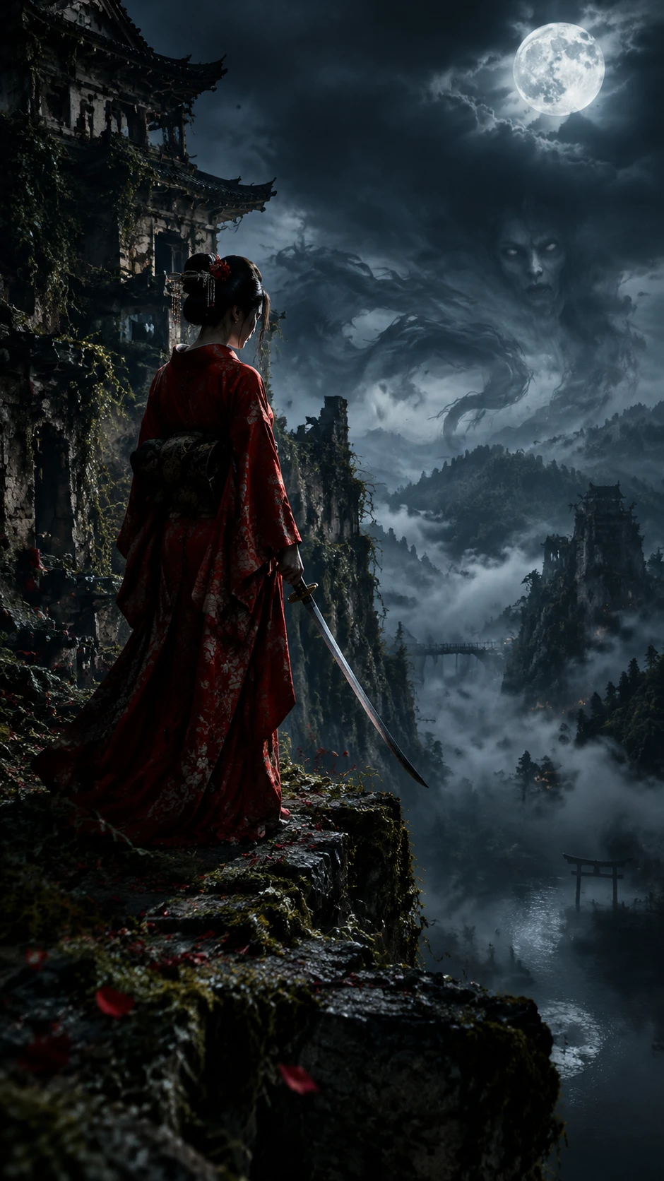 Geisha warrior at a ruined moonlit castle edge