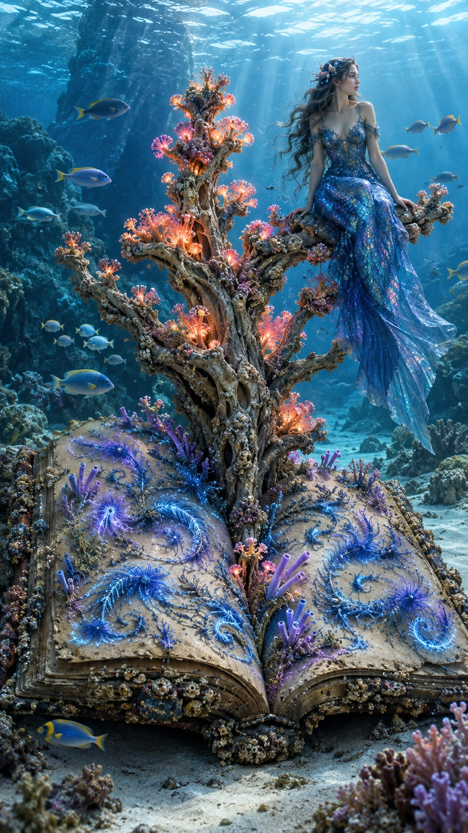 Ancient coral book on a glowing underwater seabed