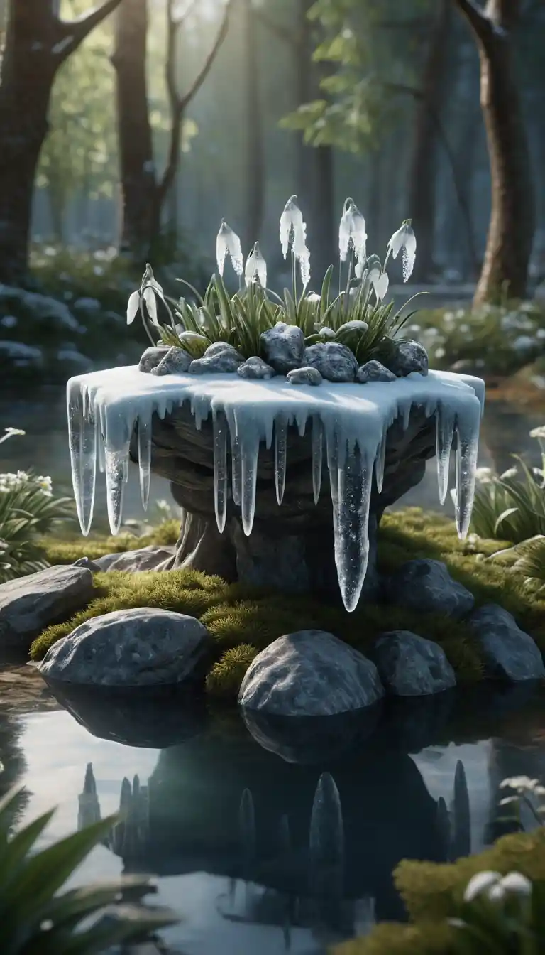 Floating granite island with glass snowdrops and icicles