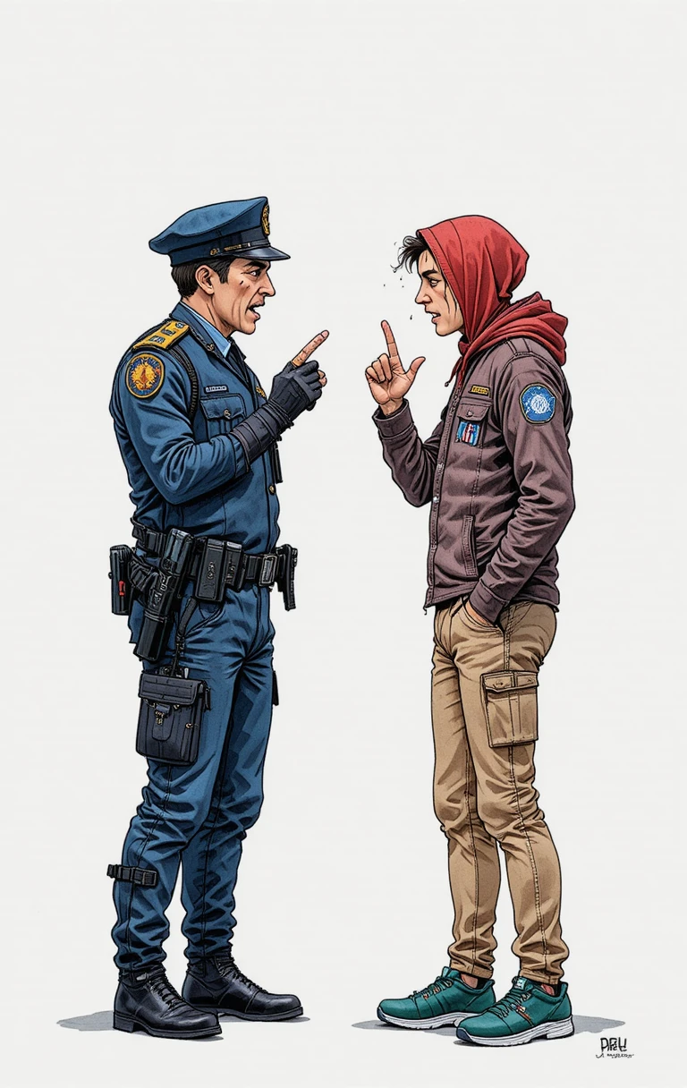 French police officer shouting at frightened teenage boy