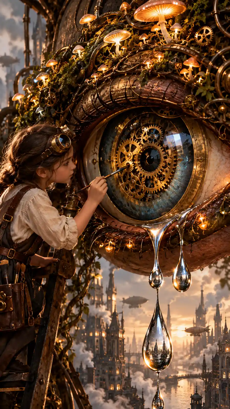 Fille steampunk réparant un immense œil mécanique en bronze