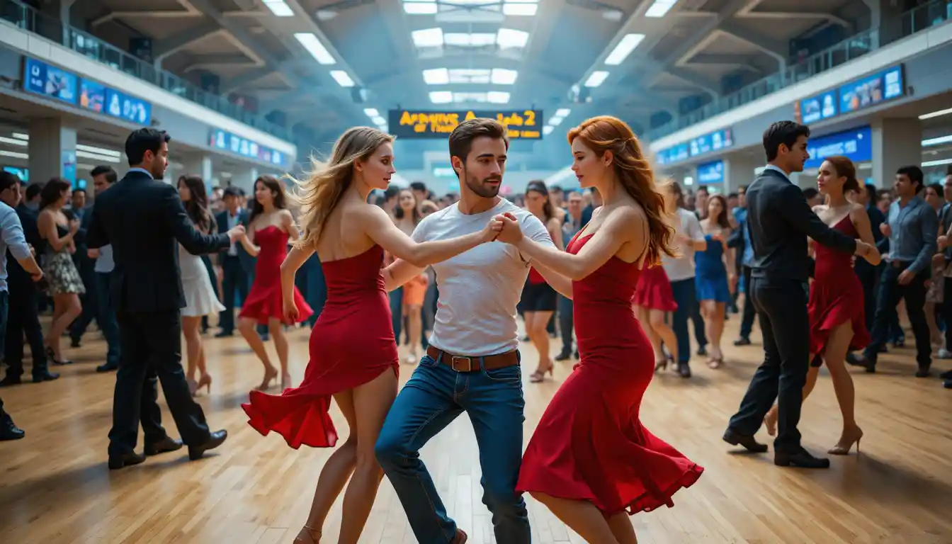 Salsa-Tanzgruppe in einem hellen, modernen Flughafenterminal