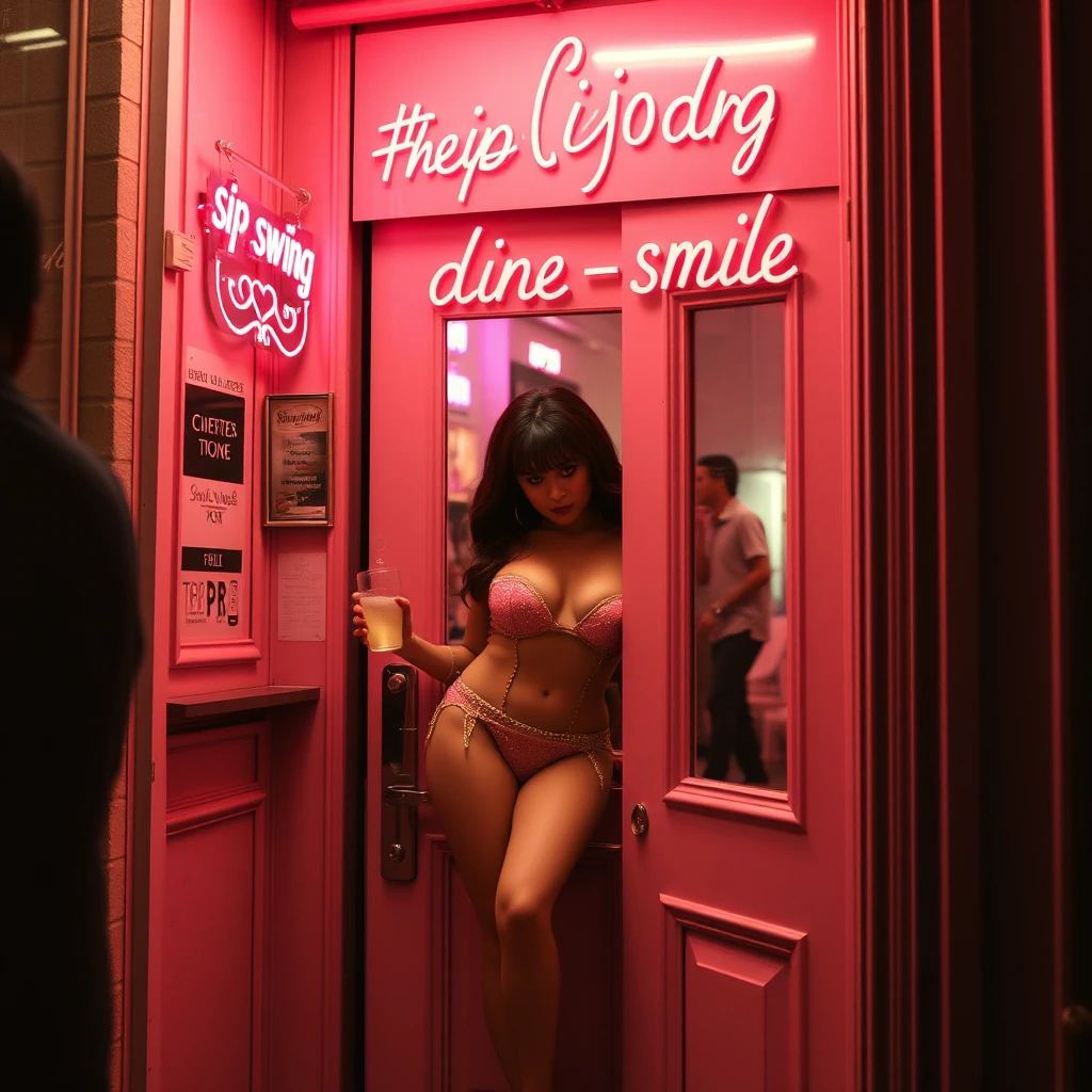 Mujer glamurosa llamando a la gente desde una puerta urbana