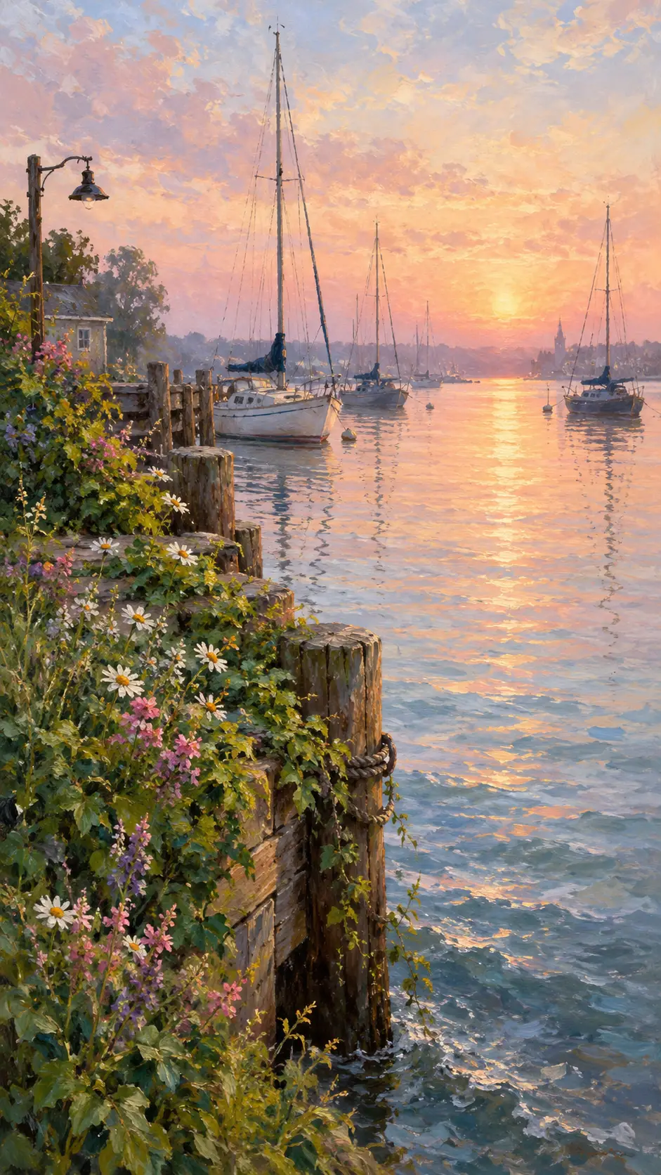 Tranquil sailboats resting in a soft dawn harbor