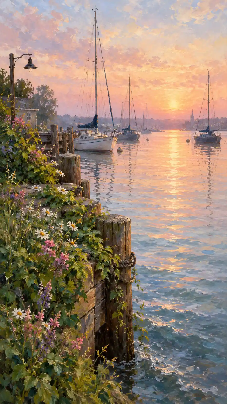Tranquil sailboats resting in a soft dawn harbor