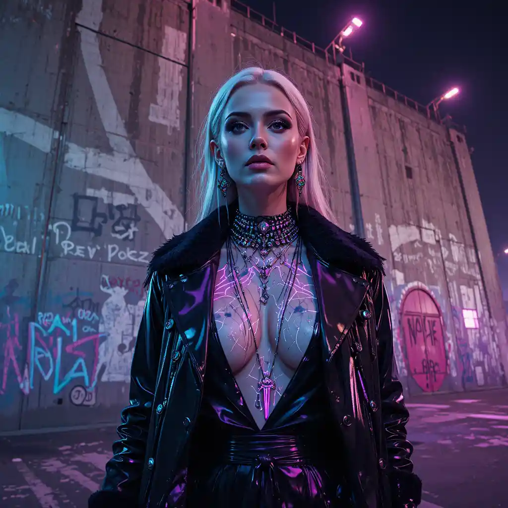 Mujer cyberpunk posando junto a un muro de contención de hormigón iluminado con neón