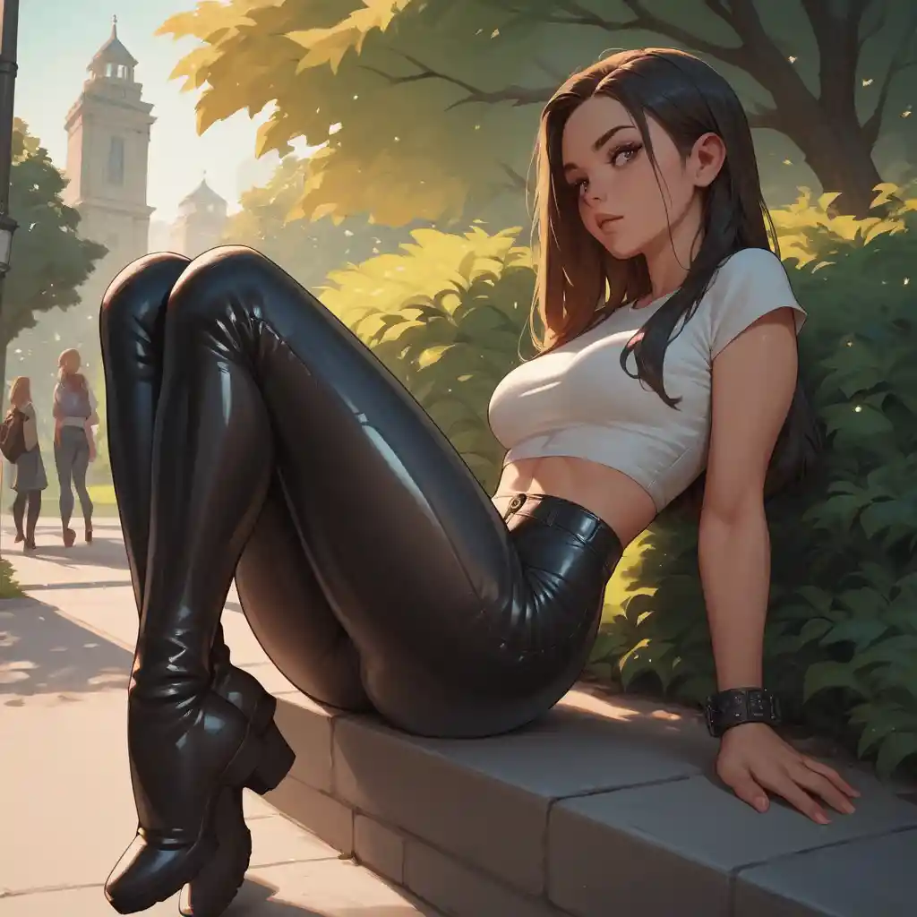스타일리시한 부츠를 신은 십대 소녀들이 공원에서 함께 걷는 모습
