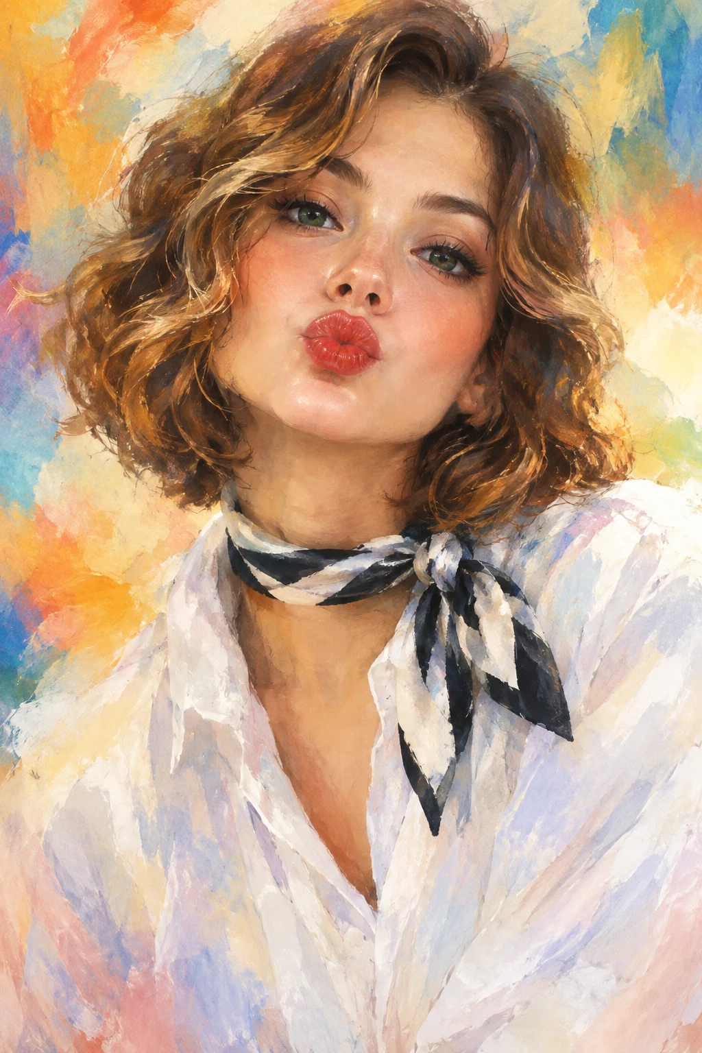 Retrato lúdico de uma mulher soprando um beijo de lábios vermelhos