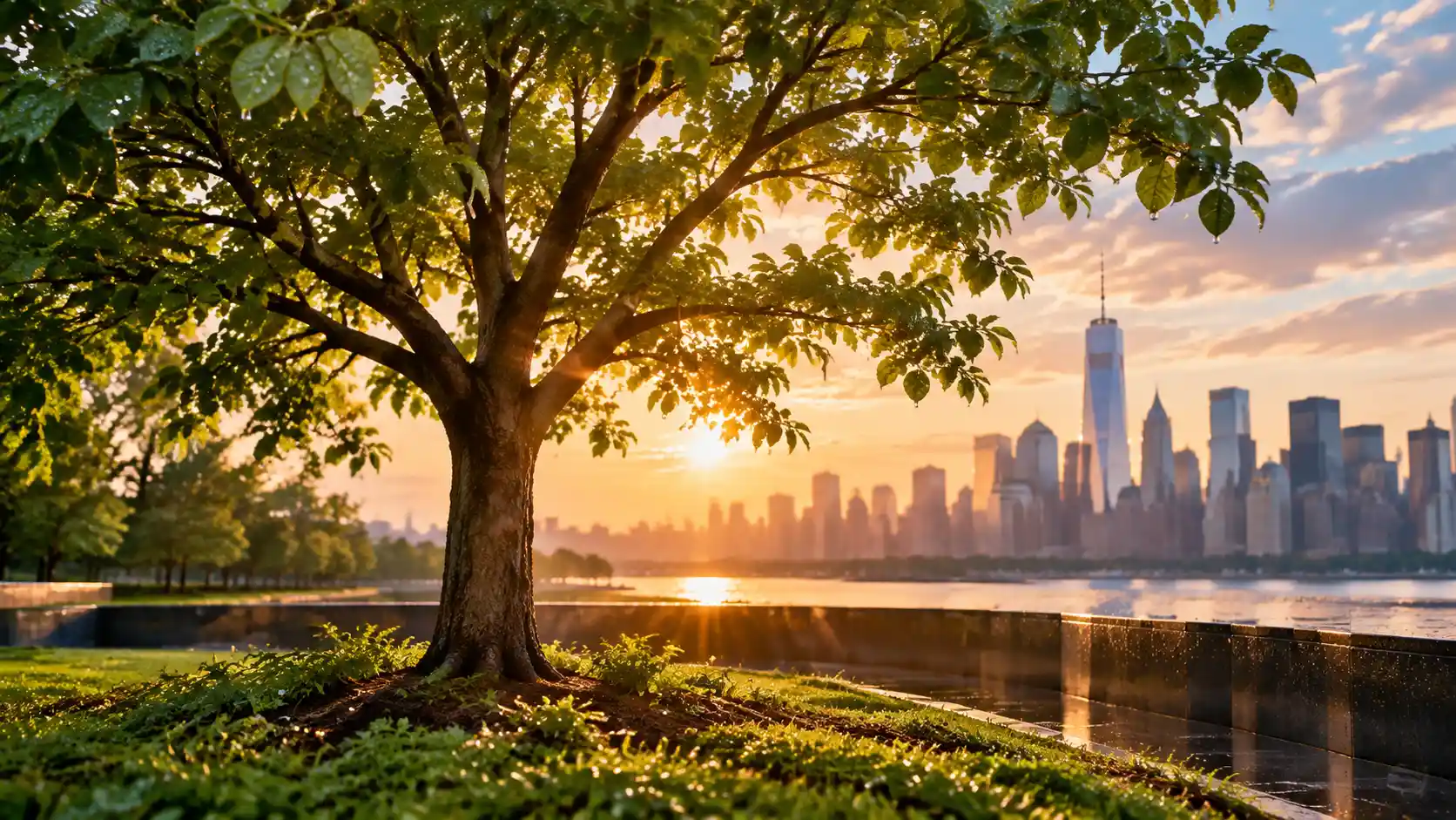 Lone Tree In Quiet Memorial Park At Dawn