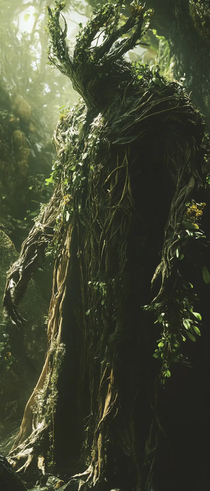 Majestic earth god rising from a lush tropical forest