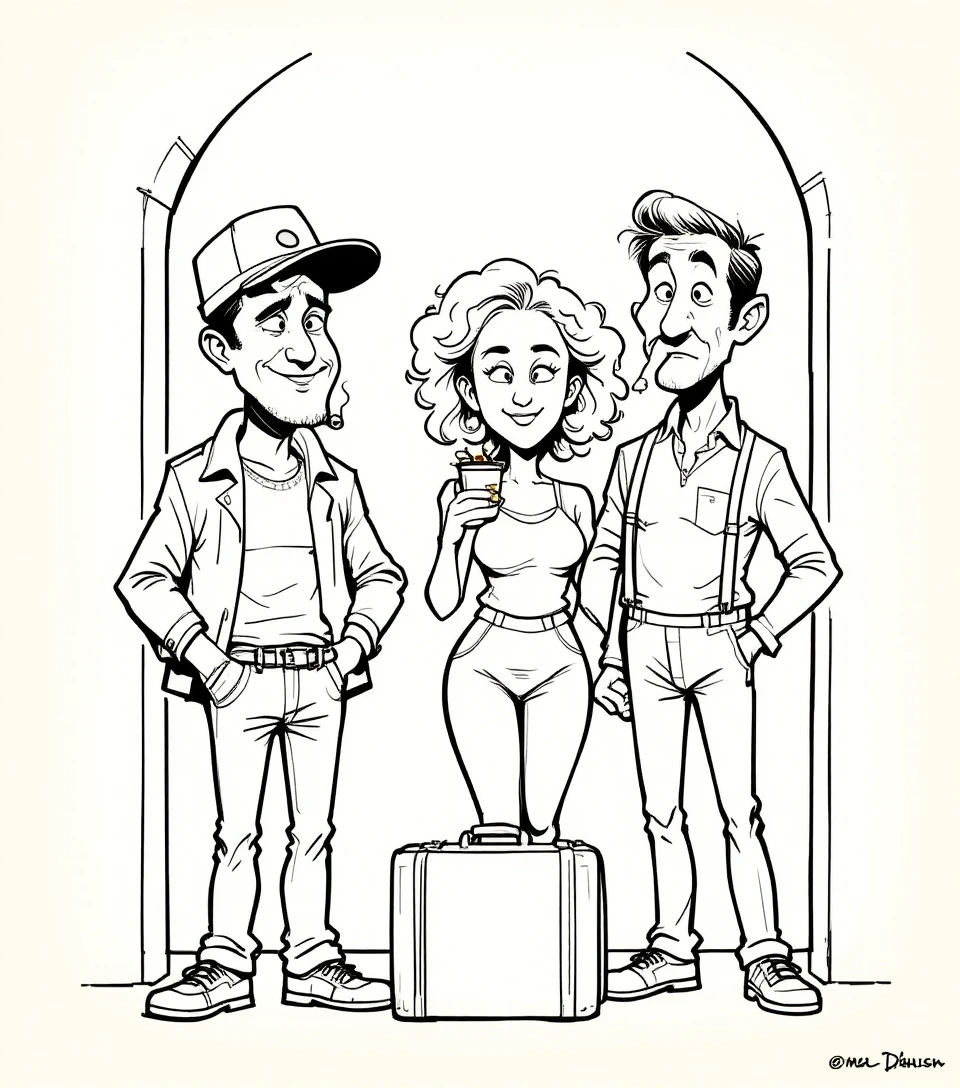 Komisches Trio, das sich bei einem Koffer in einer Türszene unterhält