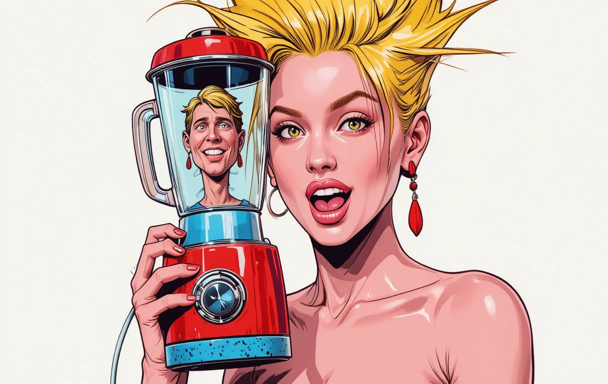 Chica juguetona con licuadora retro en un estilo de cómic audaz