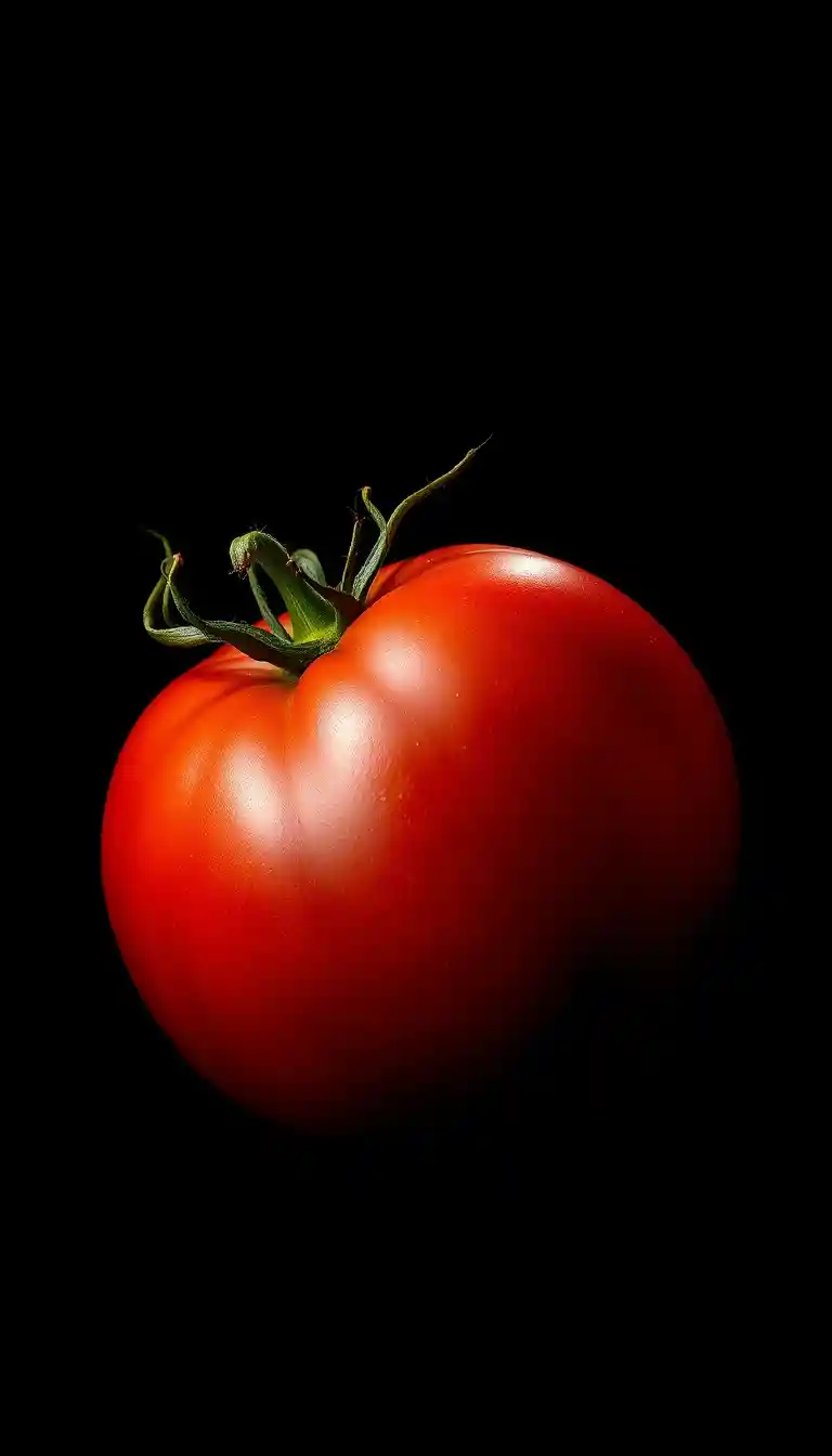 Single ripe tomato on black with dramatic side light