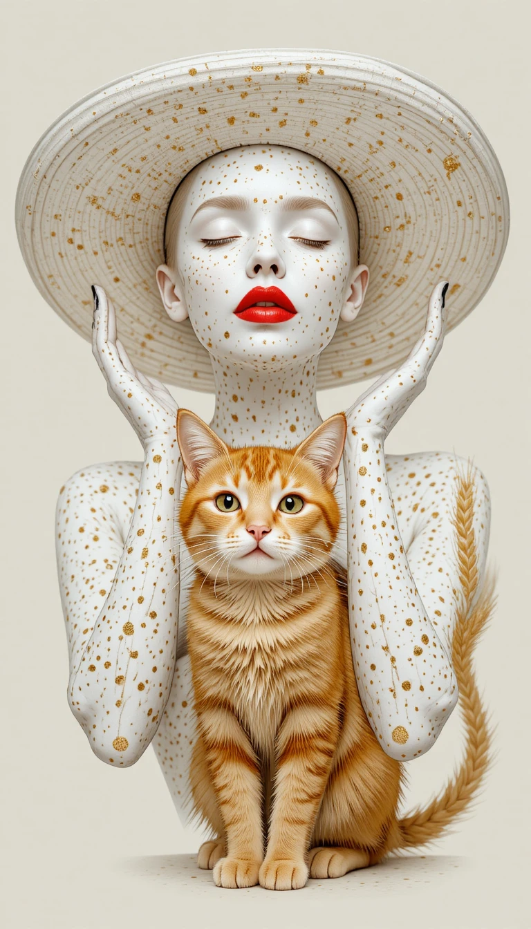 Mujer de piel de porcelana con puntos dorados y sombrero blanco