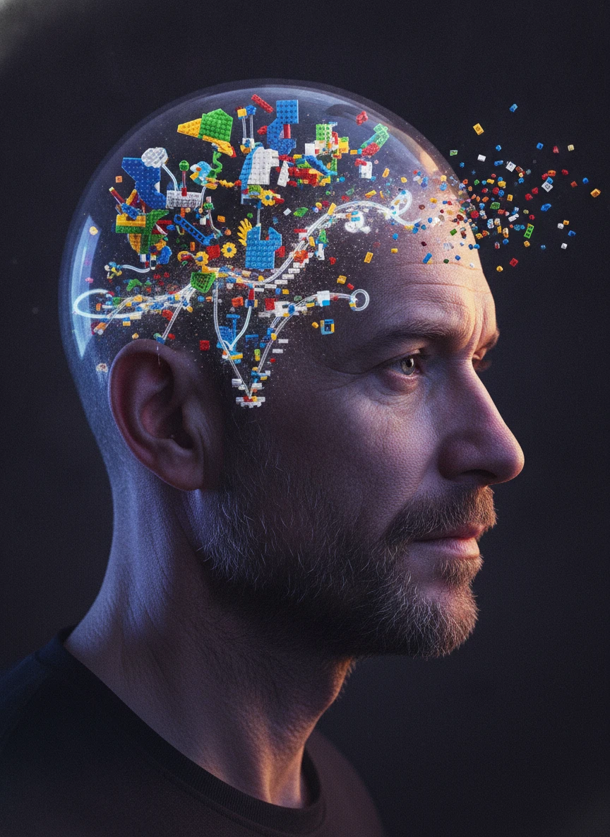 Surreal profile of a man with a Lego filled mind