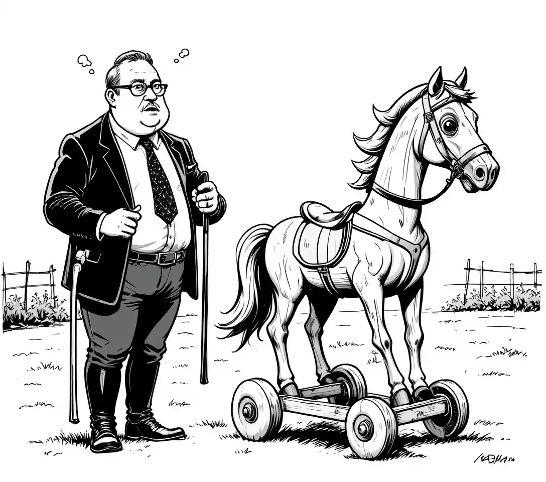 Jinete corpulento con caballito de juguete en una escena de dibujo animado humorística