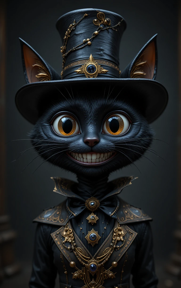 3D-Cartoon-Katze in Schwarz und Gold mit Zylinder