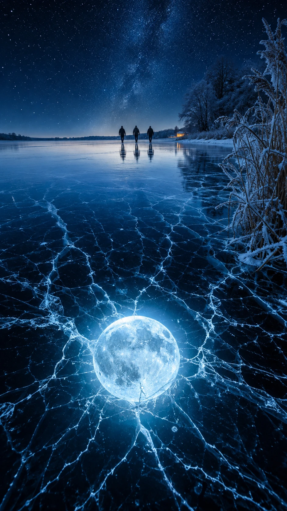 Lago invernal congelado con luna brillante bajo el hielo transparente