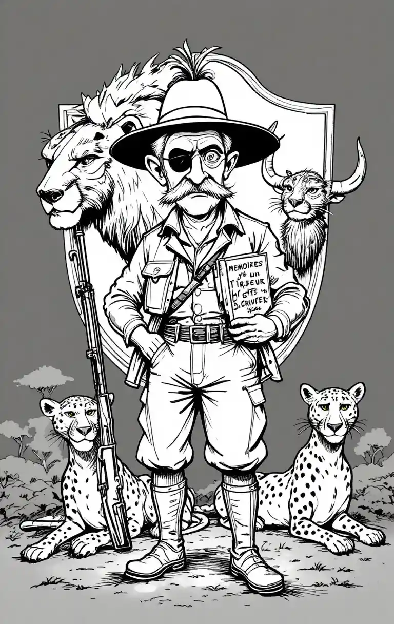 Vintage cartoon safari hunter with rifle and exotic animals