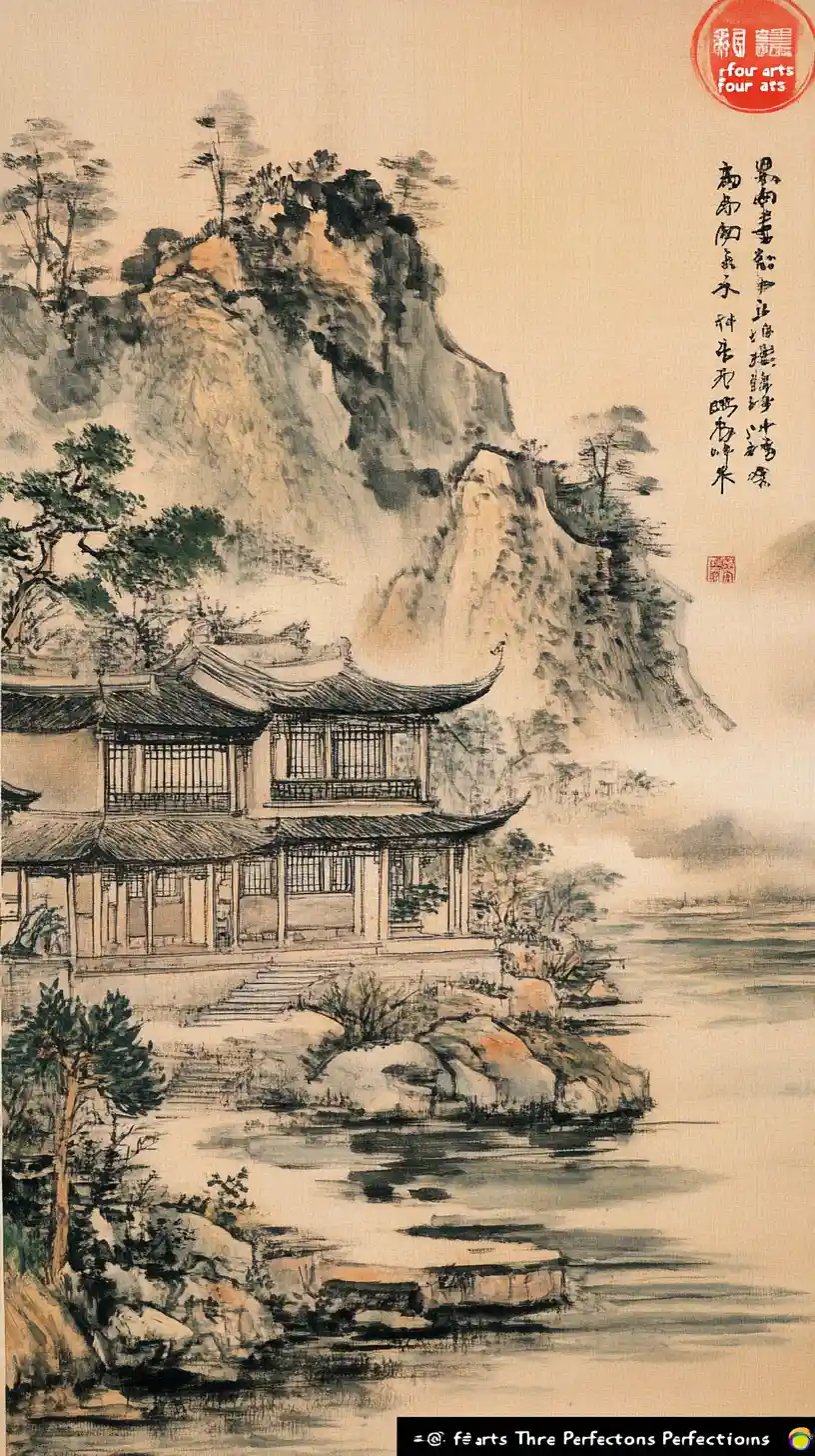 河畔の建物がある中国伝統の水墨山水画