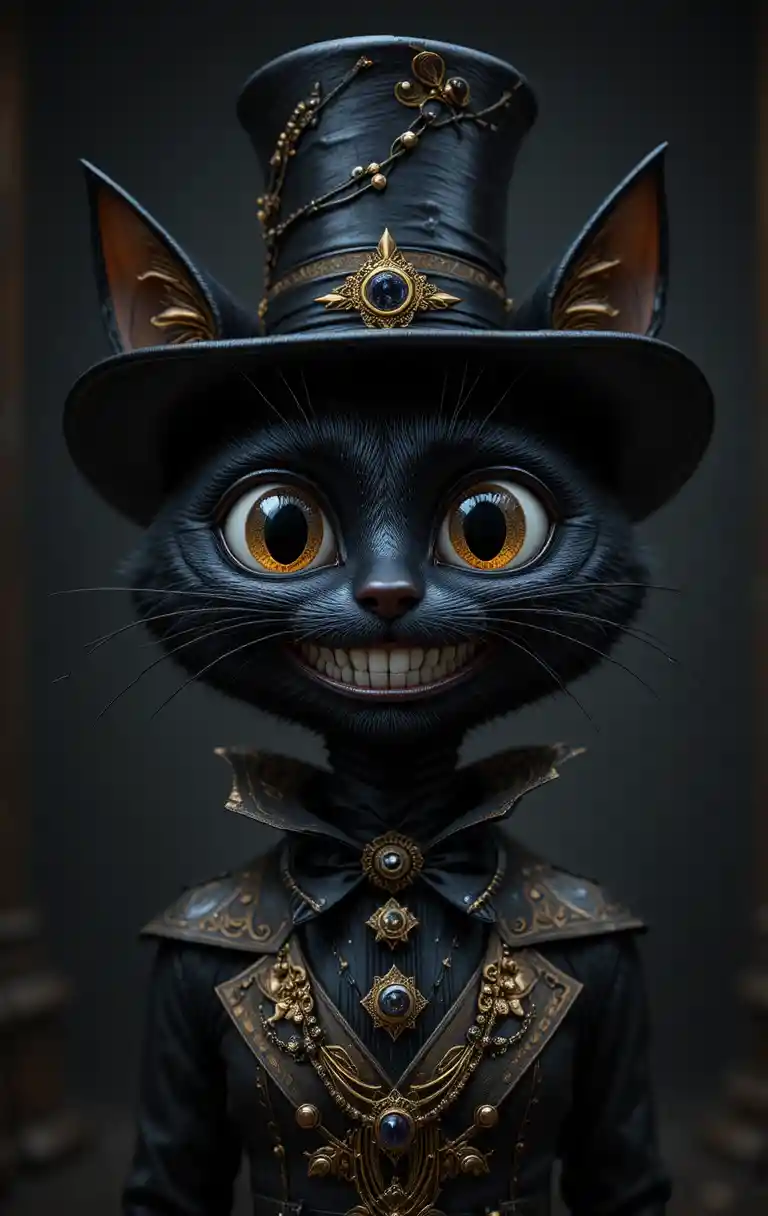 3D-Cartoon-Katze in Schwarz und Gold mit Zylinder