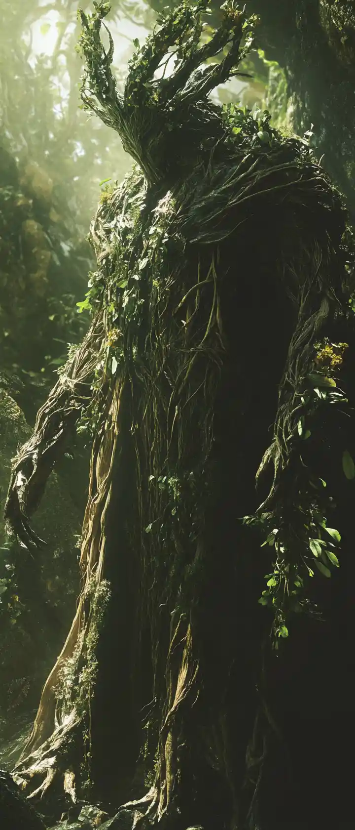Majestic earth god rising from a lush tropical forest