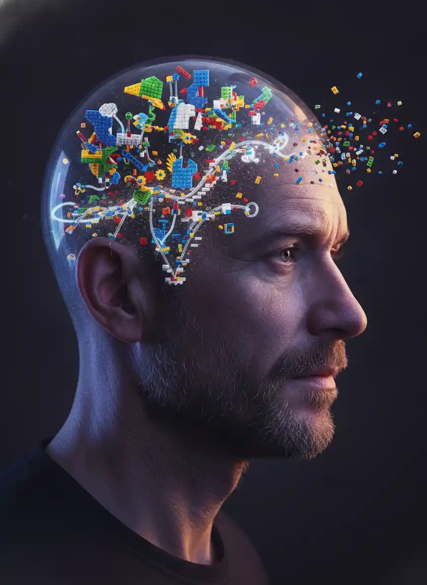 Surreales Profil eines Mannes mit einem von Lego erfüllten Geist