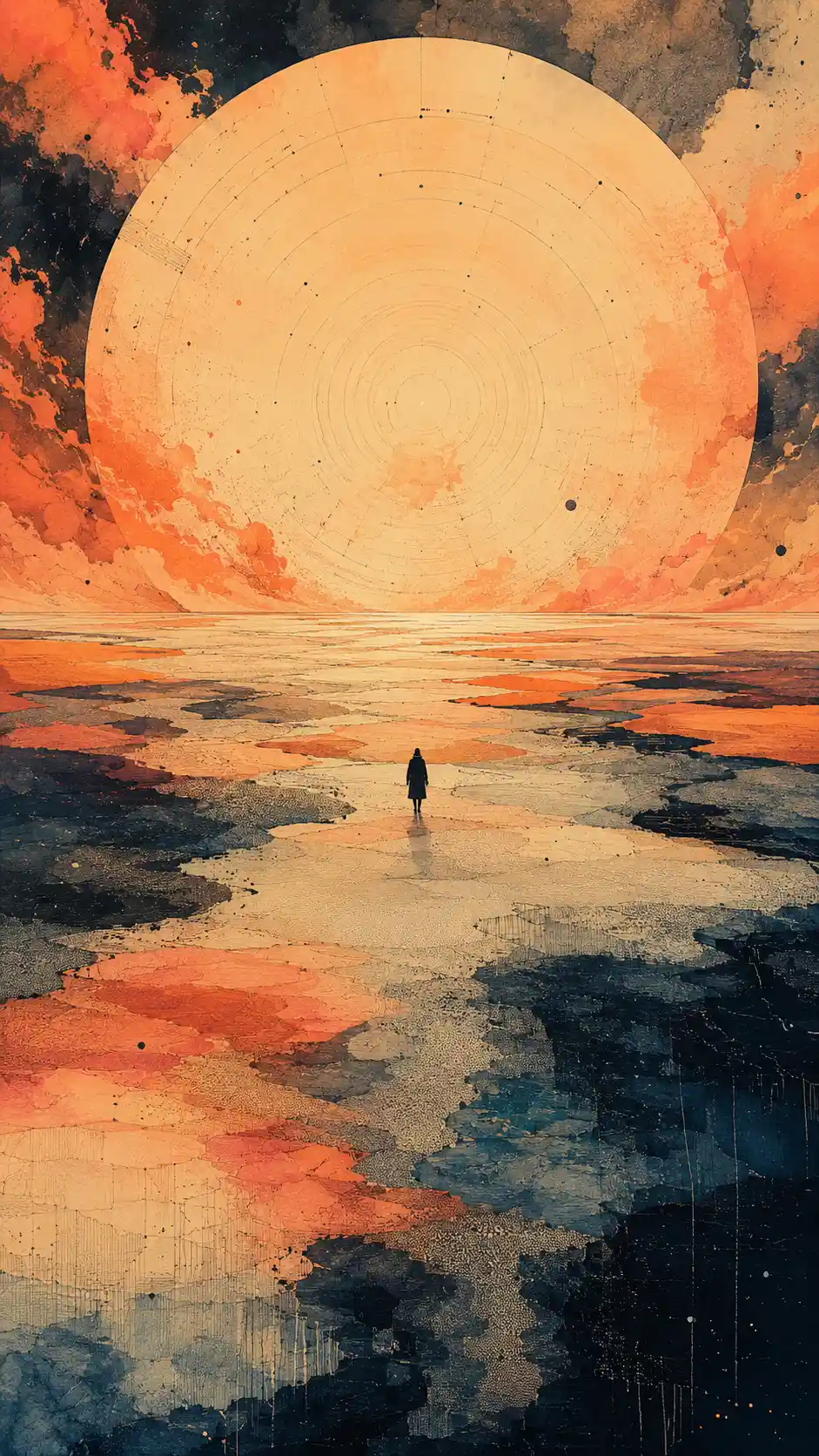 Tiny figure walking toward a vast surreal sunlit horizon