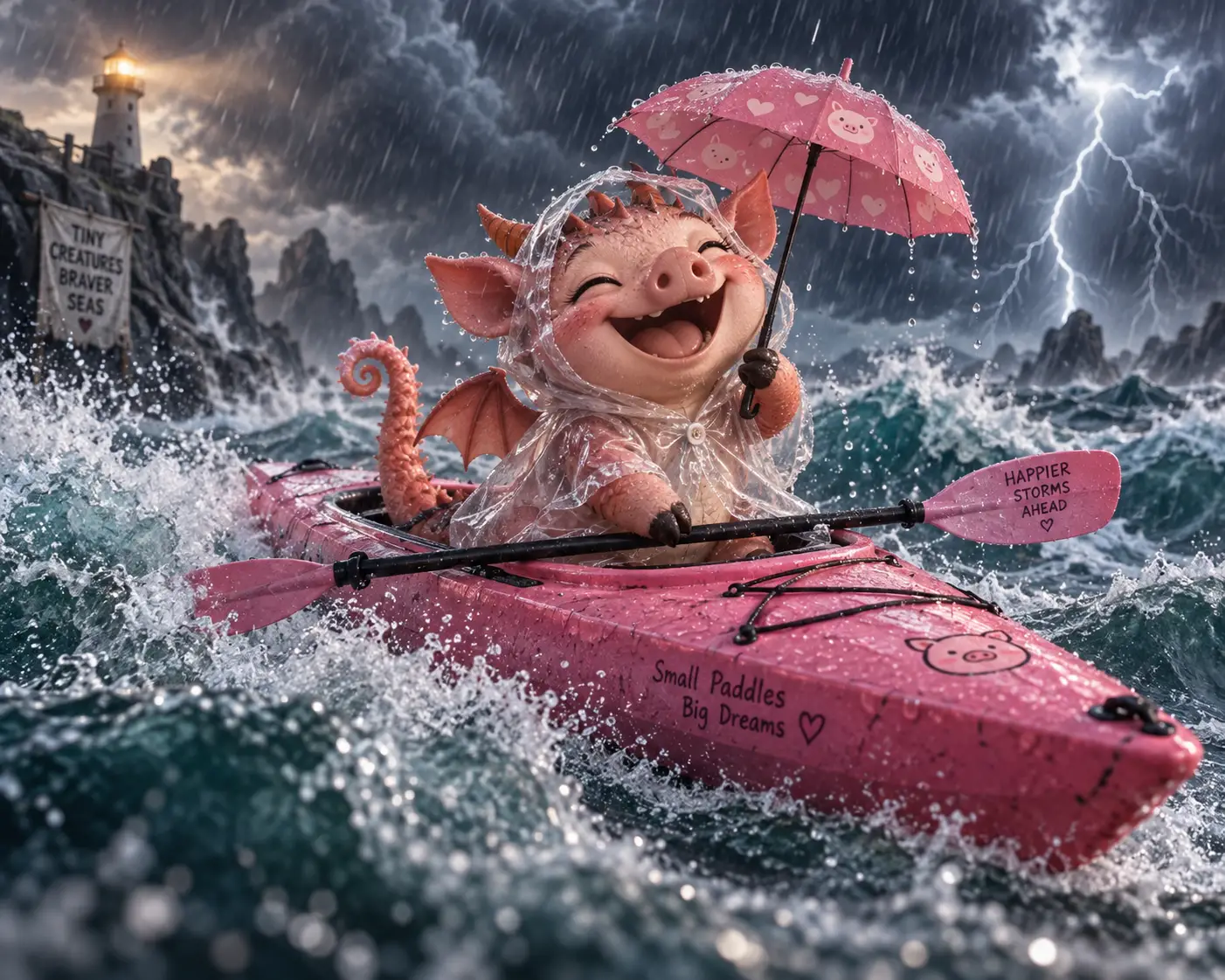 Tiny dragon pig in a pink kayak on stormy water