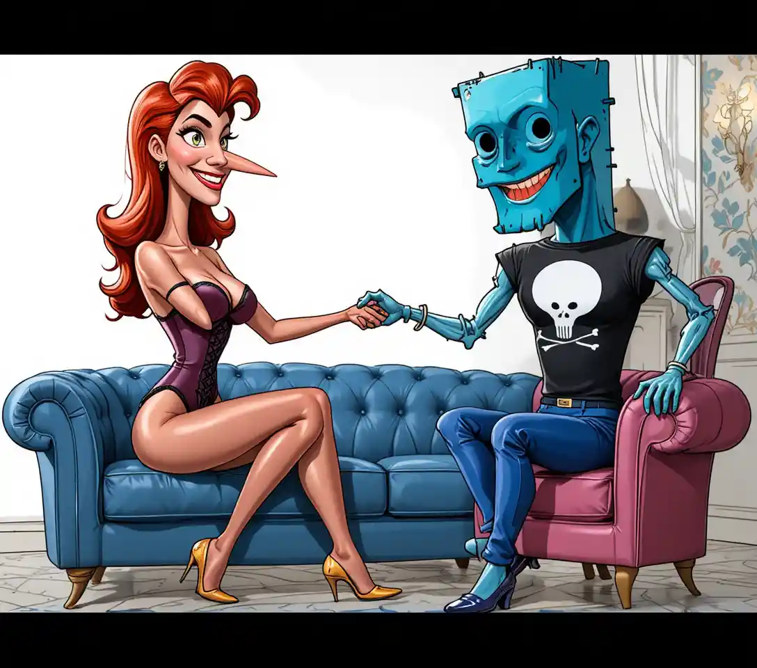 Red haired woman in corset bodysuit on blue sofa