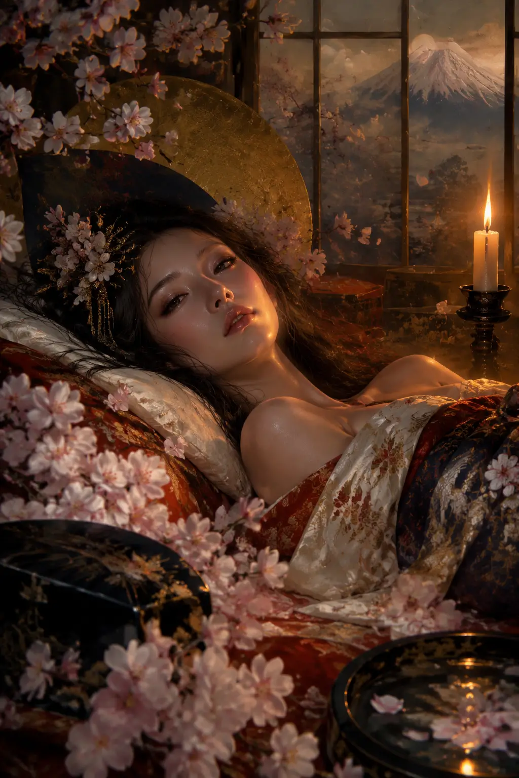 Woman resting in a traditional Japanese bed with blossoms