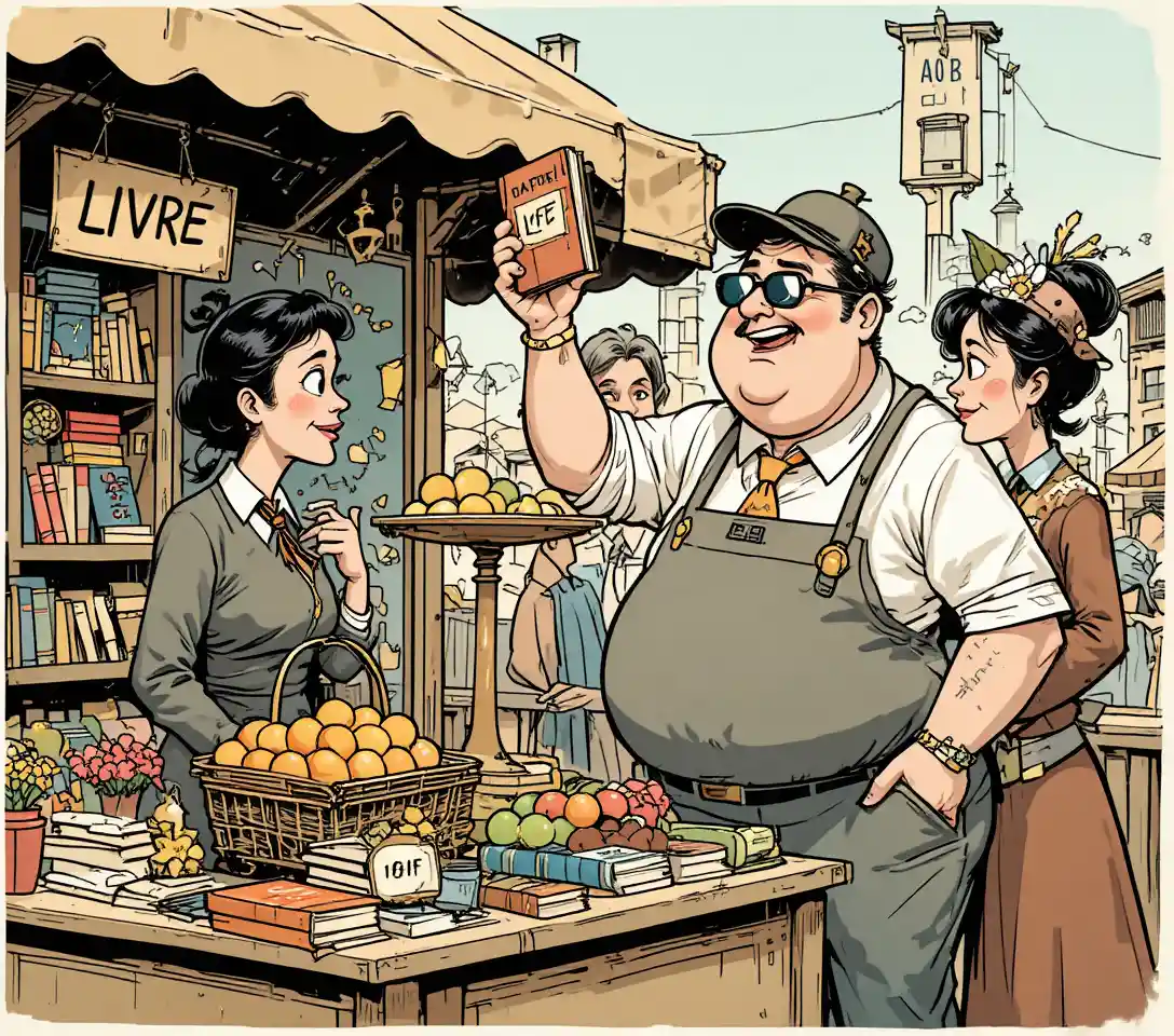 Humorous comic scene of a jovial bookseller at a market stall