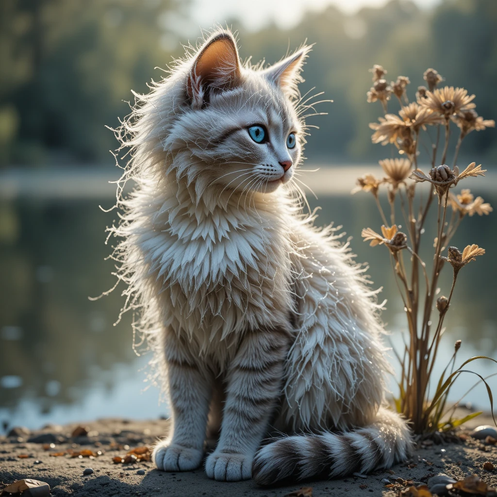Chat aux yeux bleus couvert de toiles perlées de rosée au bord d’un lac