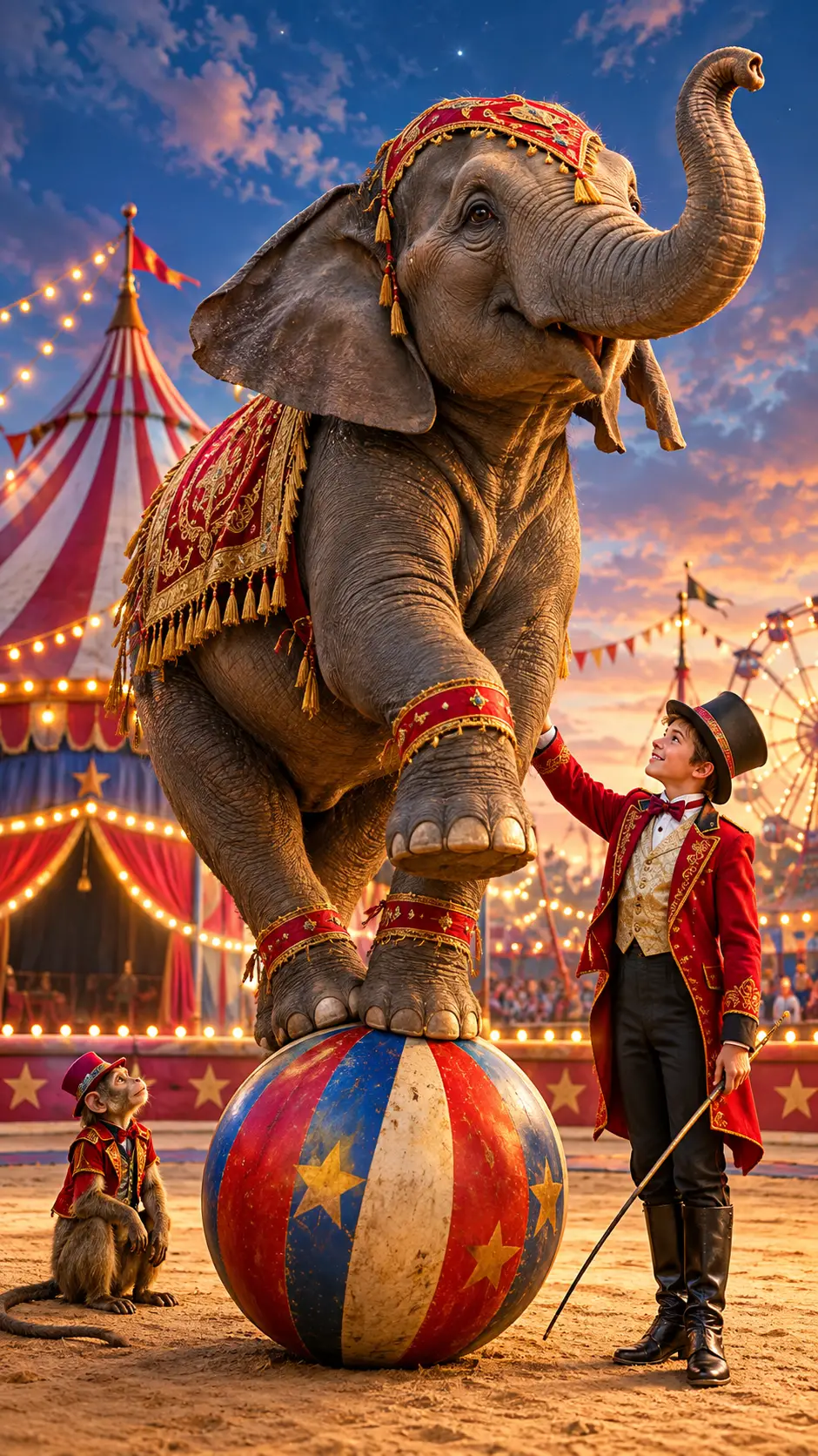 Colorful circus scene with acrobats lights and striped tent
