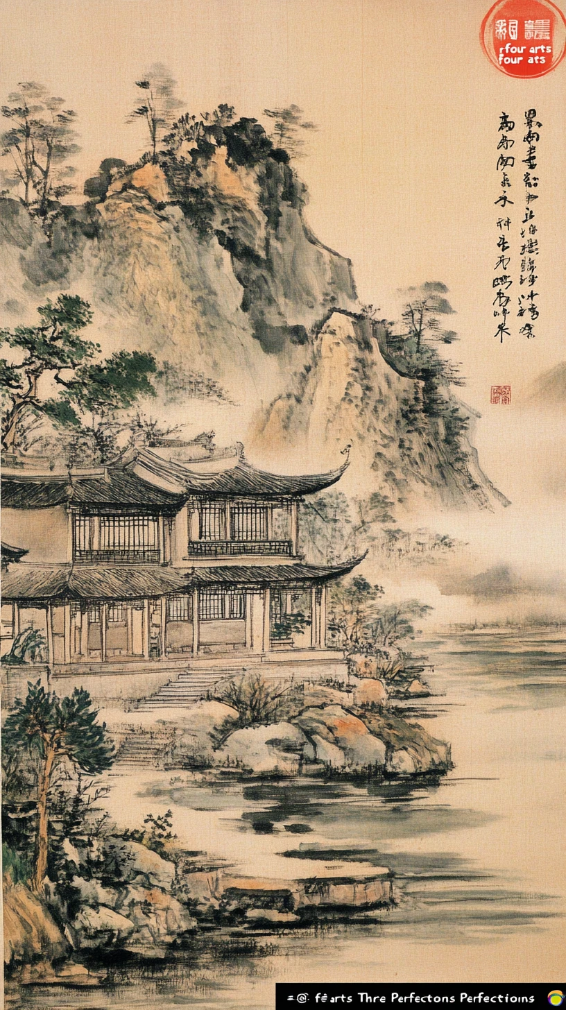 Traditional Chinese ink landscape with riverside buildings