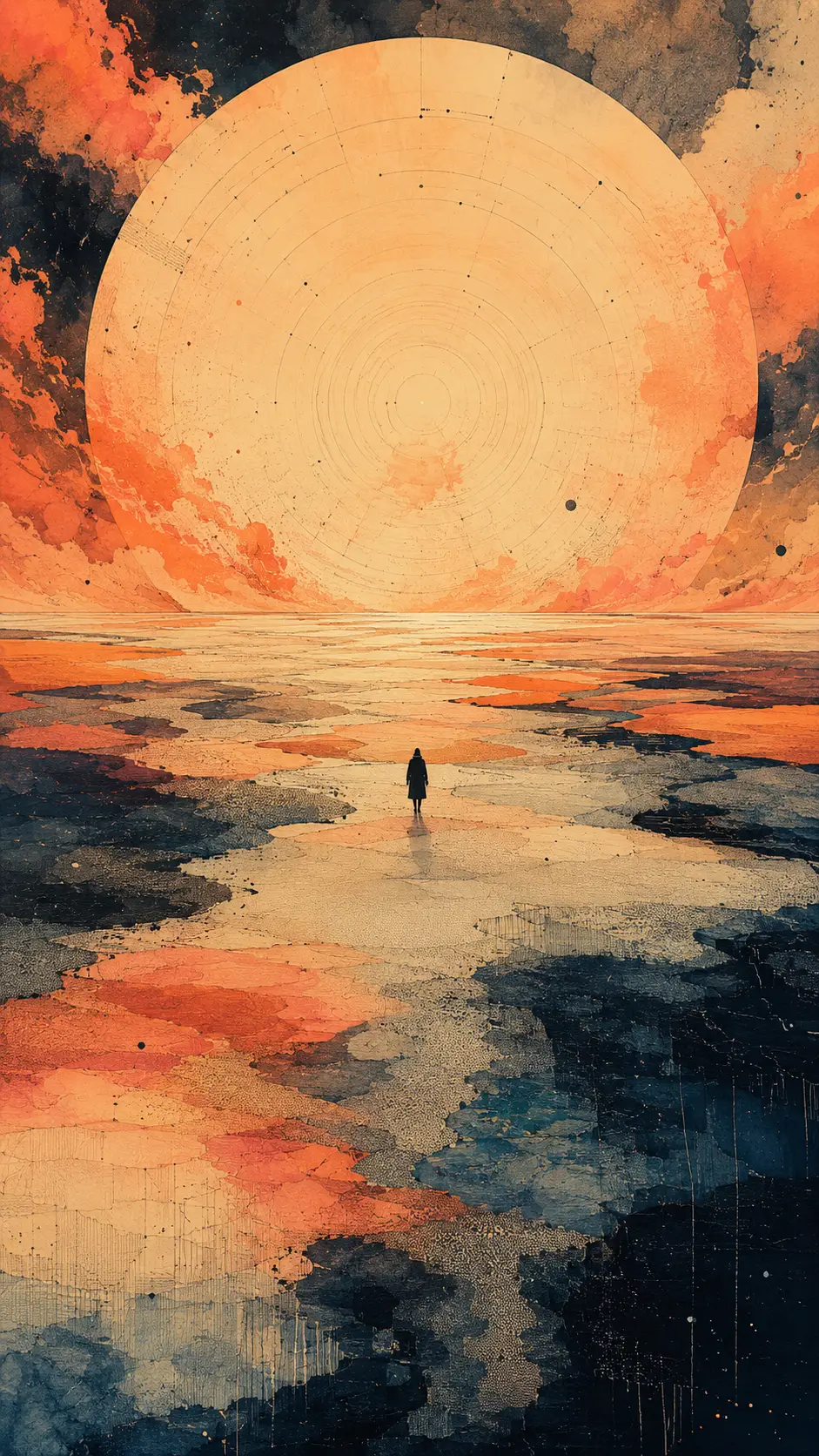 Tiny figure walking toward a vast surreal sunlit horizon
