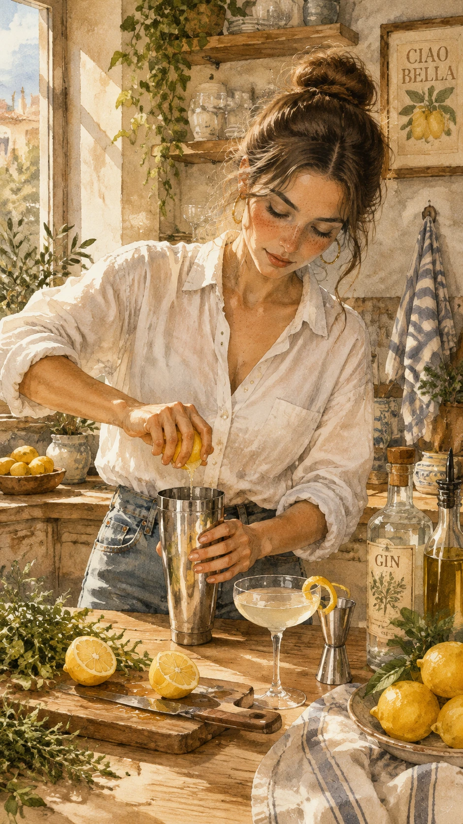 Joven exprimiendo un limón en una cocina rústica iluminada por el sol