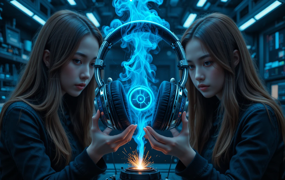 Futuristic glowing headphones studied by two young women