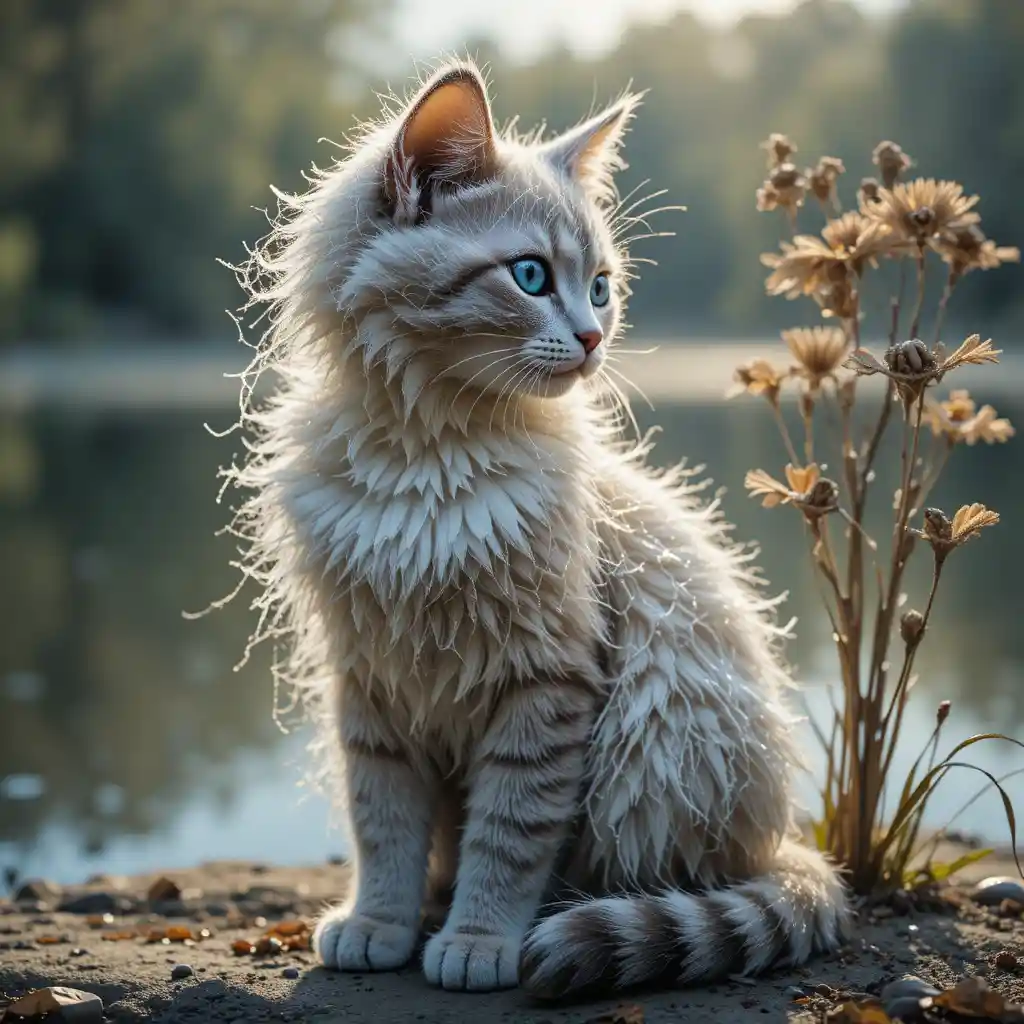 Chat aux yeux bleus couvert de toiles perlées de rosée au bord d’un lac