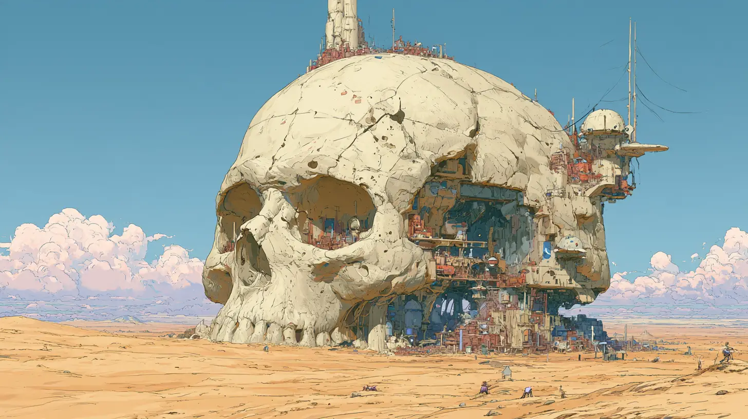 Ancient skull city rising from a vast desert planet