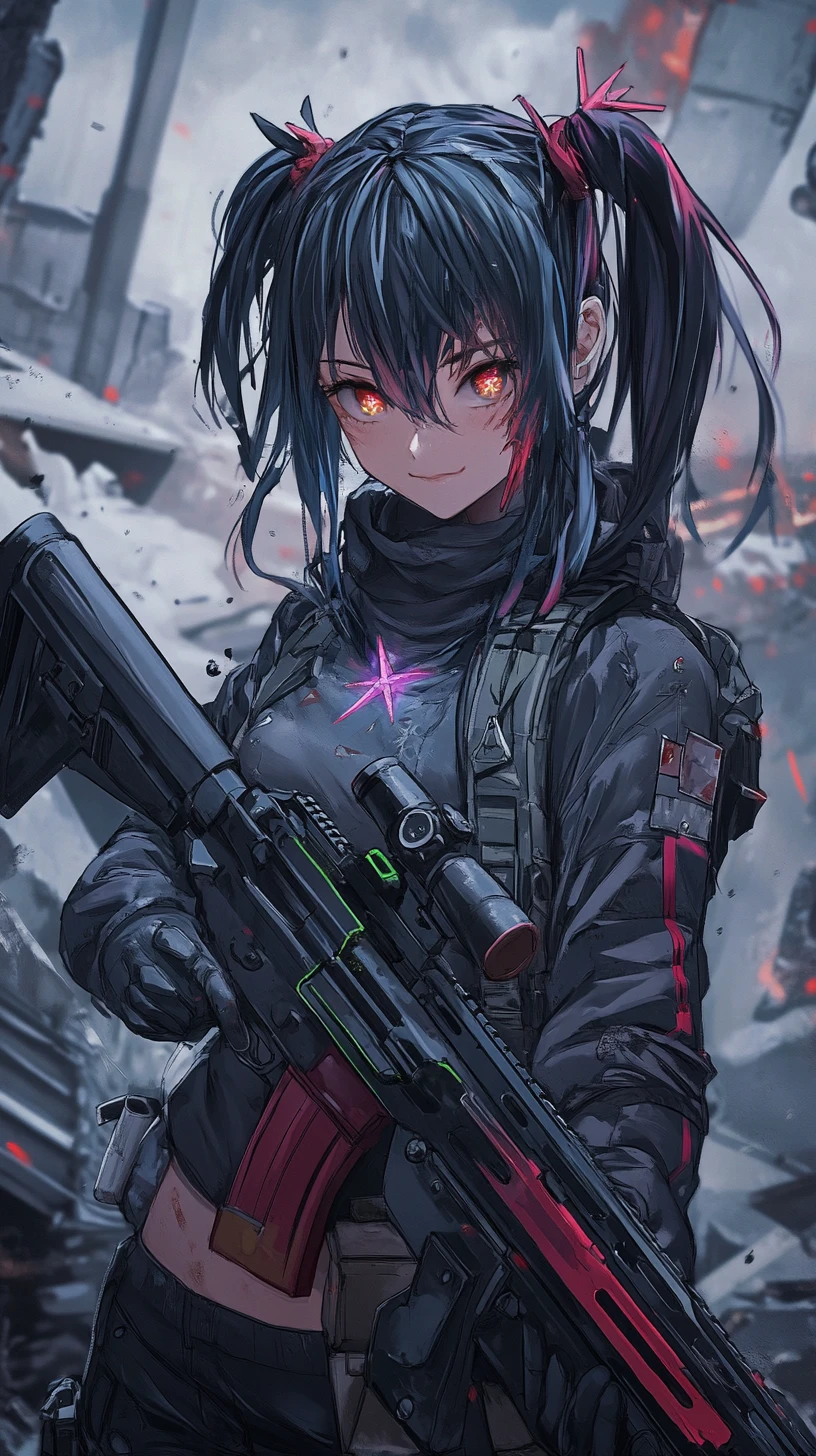Ragazza anime che mira con un fucile in una città in rovina zona di guerra