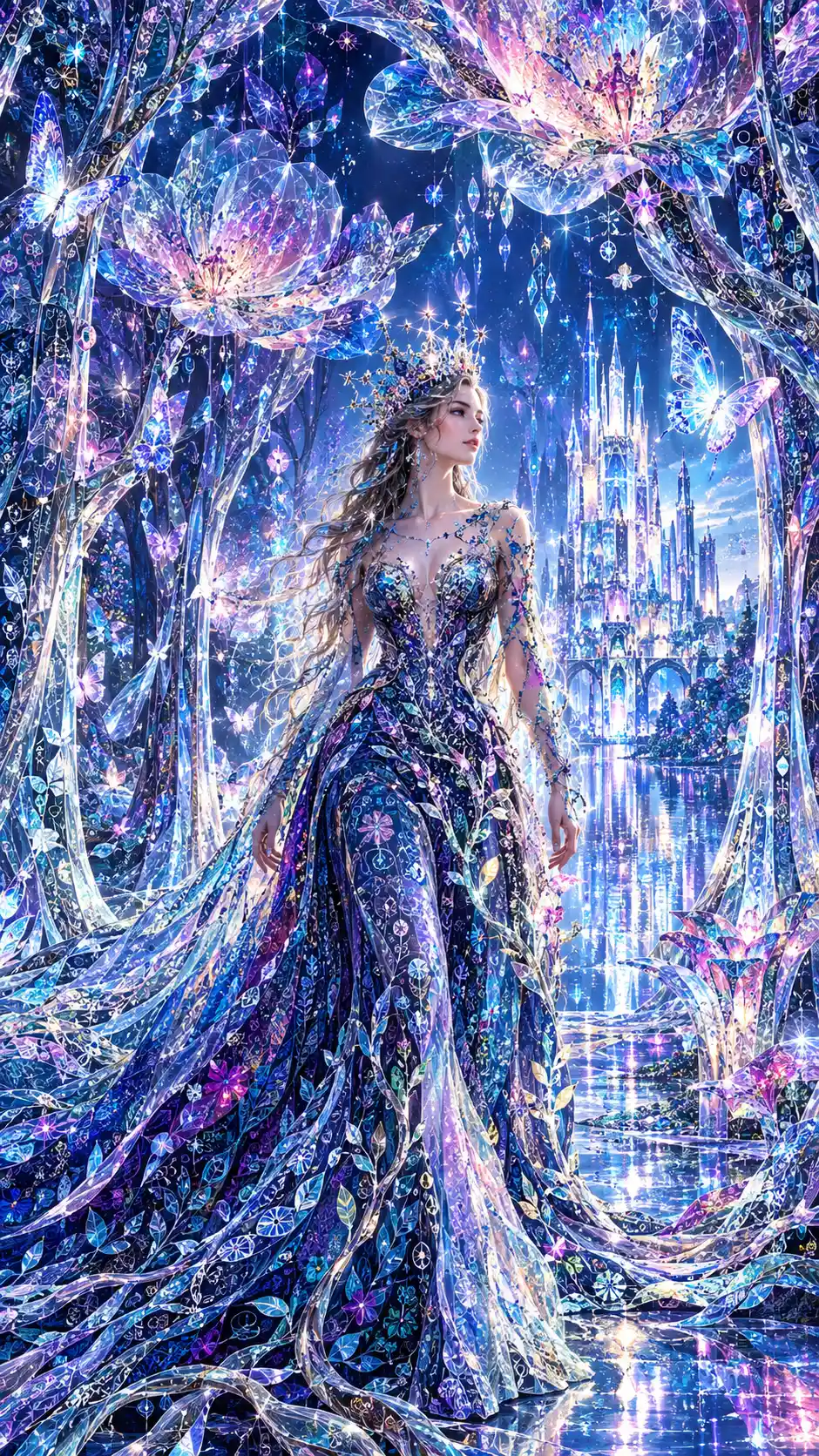Regina fantasy che cammina in una foresta luminosa di vetro e cristalli