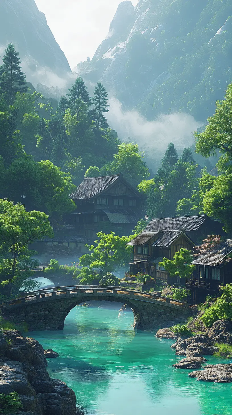 Paisible village de montagne avec rivière turquoise et pont