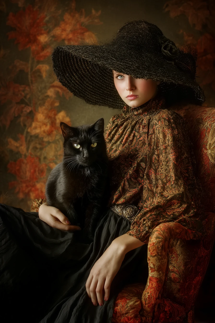 Cozy autumn witch with her black cat in an armchair