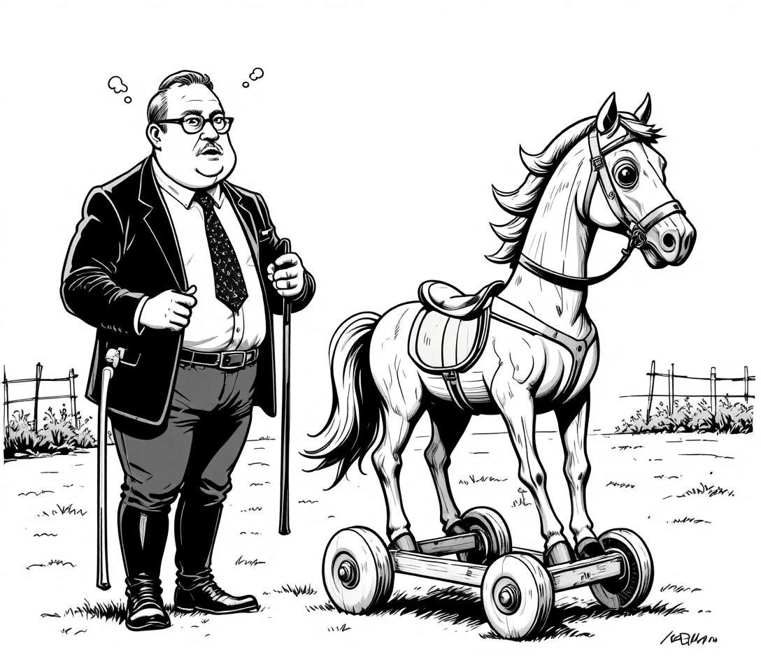 Jinete corpulento con caballito de juguete en una escena de dibujo animado humorística
