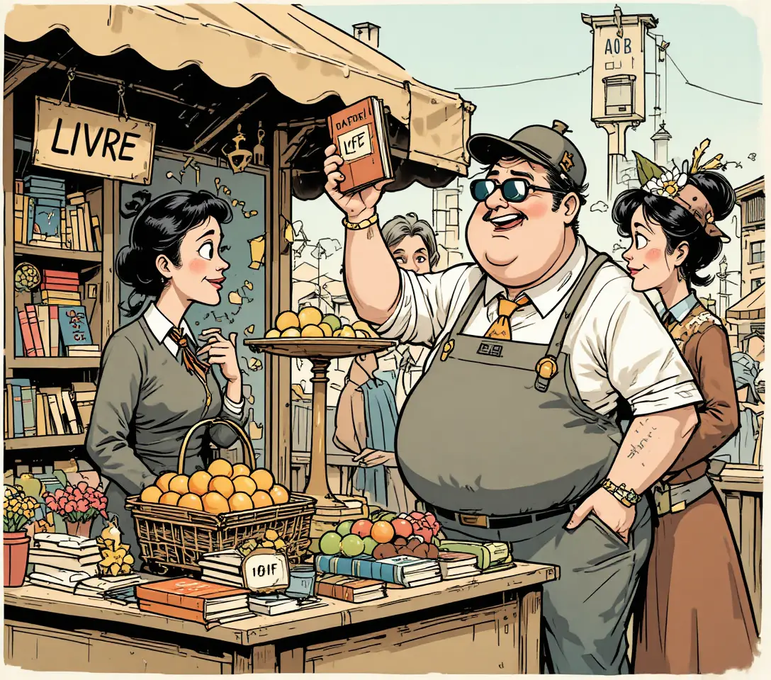 Humorous comic scene of a jovial bookseller at a market stall